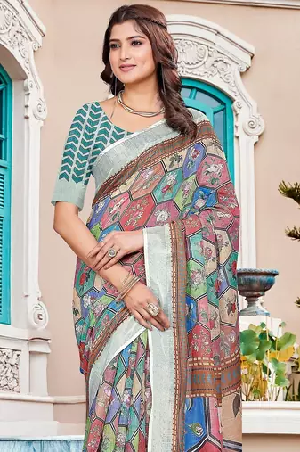 multicolor printed pure cotton multicolor saree with blouse