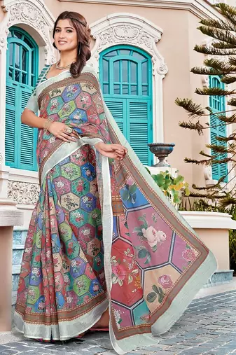 multicolor printed pure cotton multicolor saree with blouse