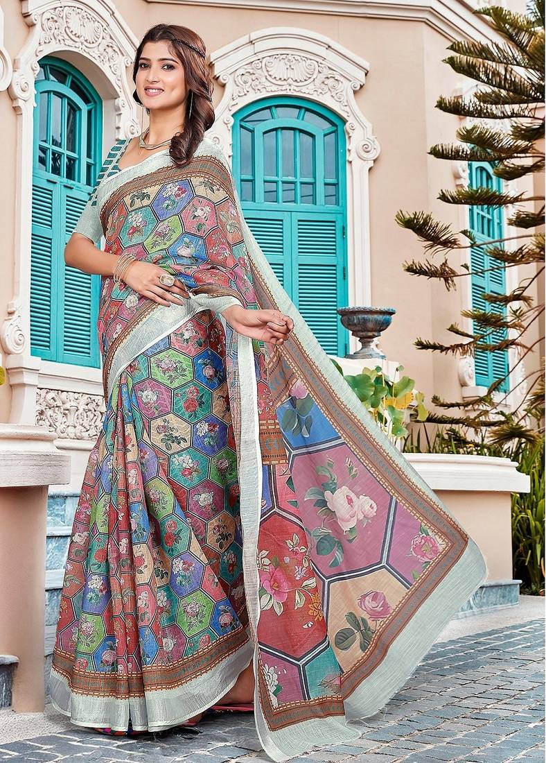 multicolor printed pure cotton multicolor saree with blouse