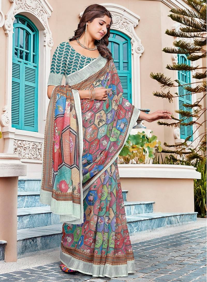 multicolor printed pure cotton multicolor saree with blouse