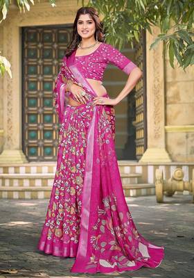 pink printed pure cotton pink saree with blouse 1