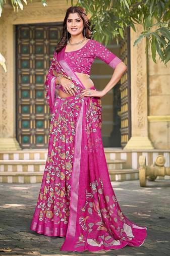 pink printed pure cotton pink saree with blouse