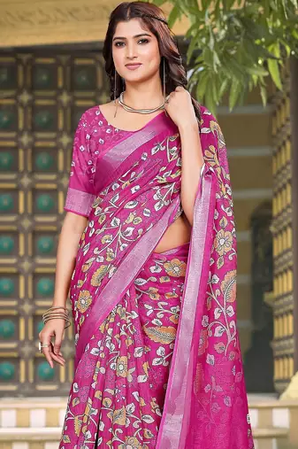pink printed pure cotton pink saree with blouse