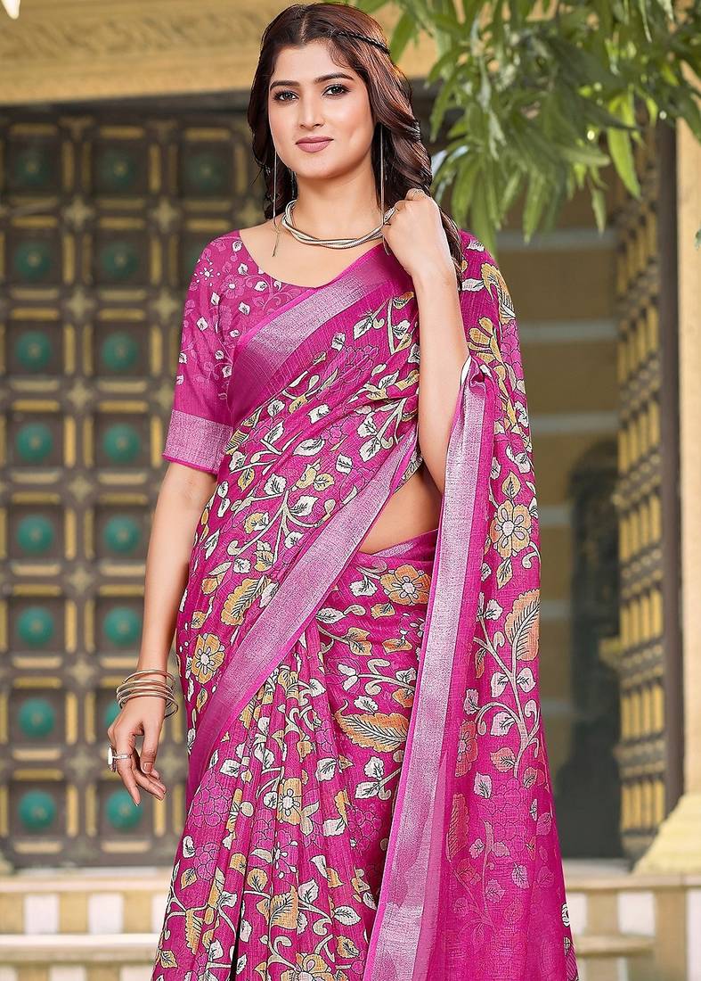pink printed pure cotton pink saree with blouse