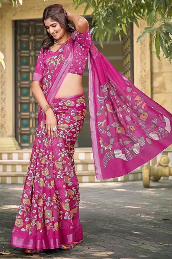 pink printed pure cotton pink saree with blouse