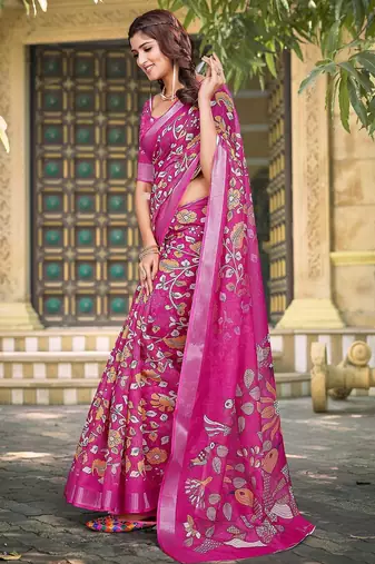 pink printed pure cotton pink saree with blouse