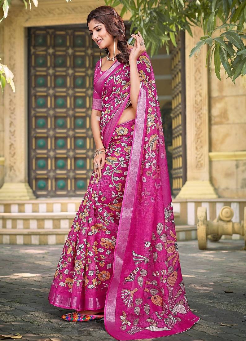 pink printed pure cotton pink saree with blouse
