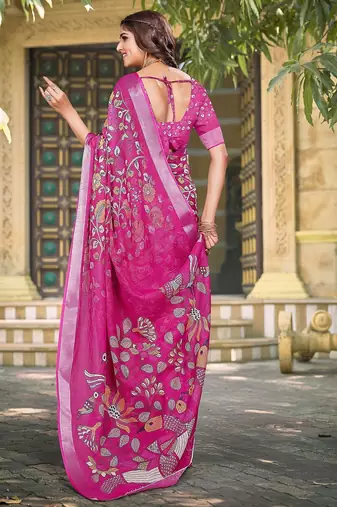 pink printed pure cotton pink saree with blouse