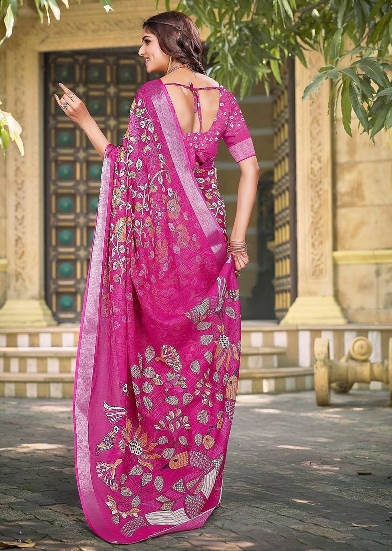 pink printed pure cotton pink saree with blouse