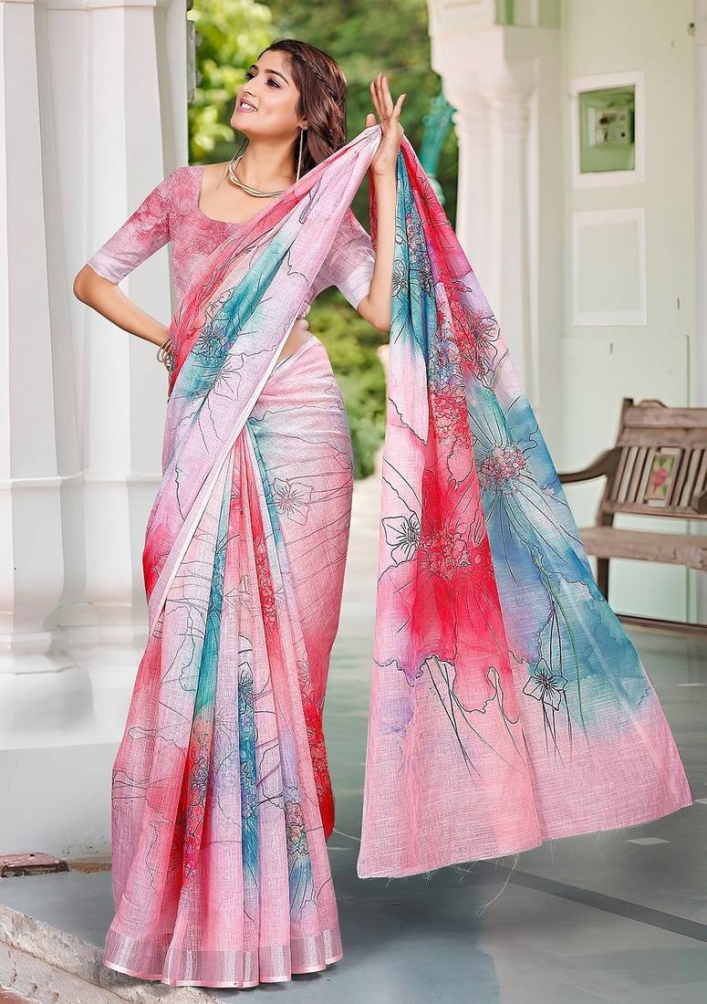 multicolor printed pure cotton multicolor saree with blouse