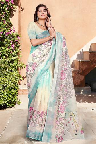 multicolor printed pure cotton multicolor saree with blouse