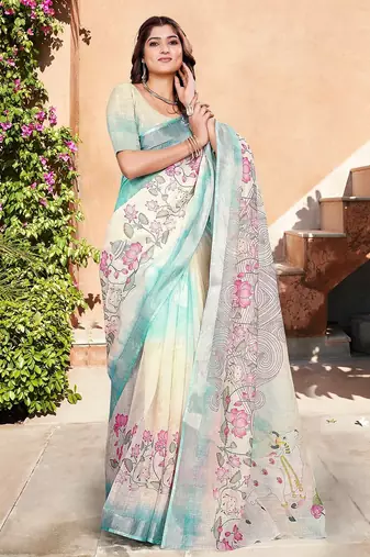 multicolor printed pure cotton multicolor saree with blouse