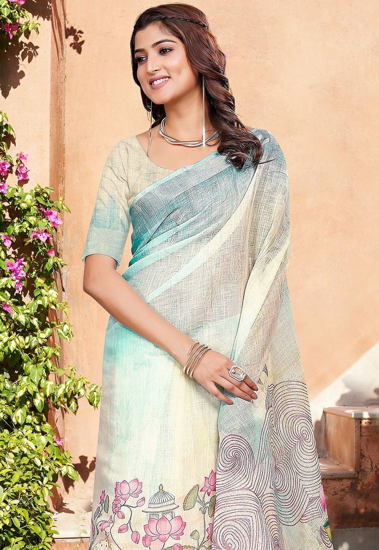 multicolor printed pure cotton multicolor saree with blouse