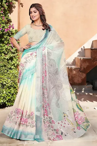 multicolor printed pure cotton multicolor saree with blouse
