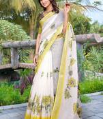white printed pure cotton white saree with blouse