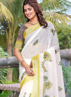 white printed pure cotton white saree with blouse 2