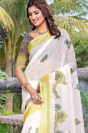 white printed pure cotton white saree with blouse