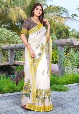 white printed pure cotton white saree with blouse 3