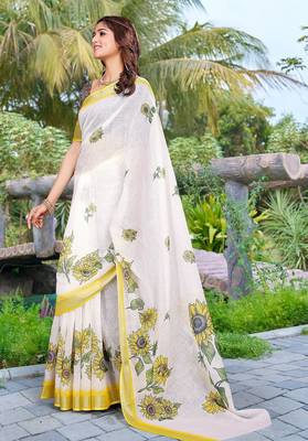 white printed pure cotton white saree with blouse 4