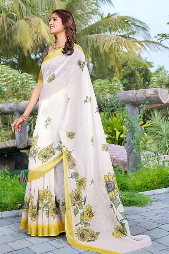 white printed pure cotton white saree with blouse