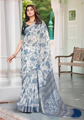 blue printed pure cotton blue saree with blouse 1