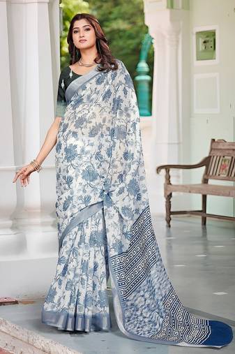 blue printed pure cotton blue saree with blouse