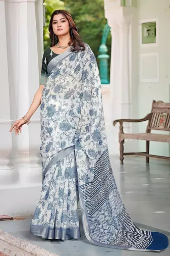 blue printed pure cotton blue saree with blouse