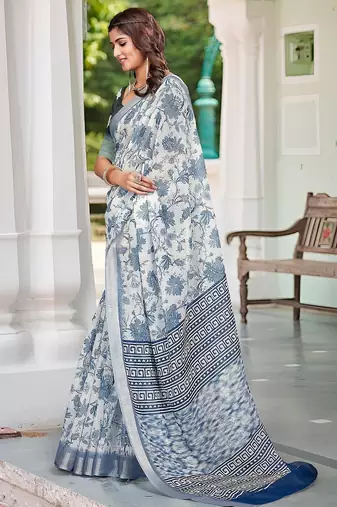 blue printed pure cotton blue saree with blouse