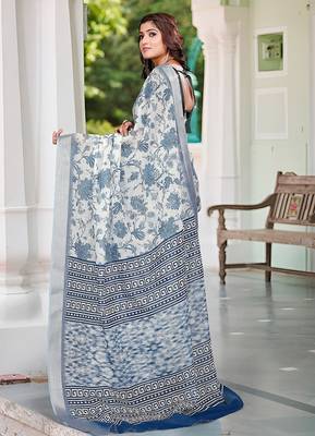 blue printed pure cotton blue saree with blouse 5