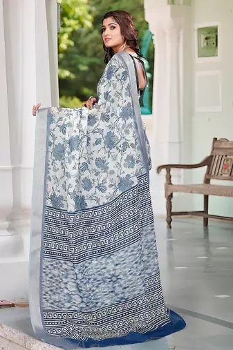 blue printed pure cotton blue saree with blouse