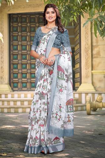 white printed pure cotton white saree with blouse