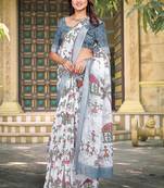 white printed pure cotton white saree with blouse