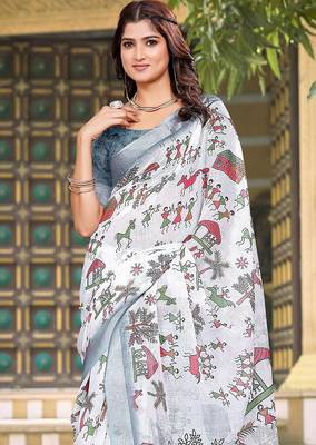 white printed pure cotton white saree with blouse 2