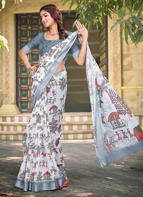 white printed pure cotton white saree with blouse 3