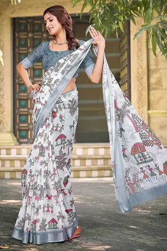 white printed pure cotton white saree with blouse