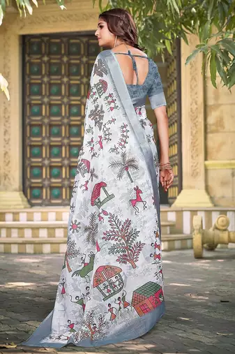 white printed pure cotton white saree with blouse