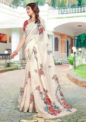beige printed pure cotton beige saree with blouse 1