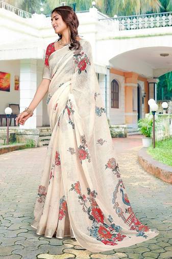 beige printed pure cotton beige saree with blouse