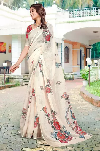 beige printed pure cotton beige saree with blouse