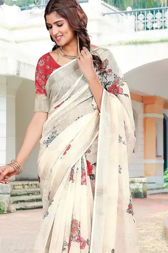 beige printed pure cotton beige saree with blouse