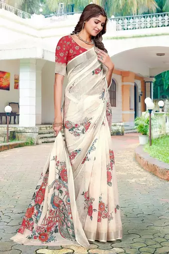beige printed pure cotton beige saree with blouse