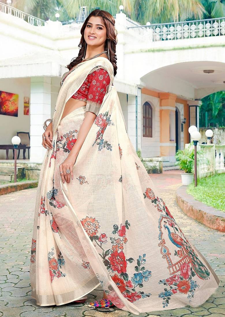 beige printed pure cotton beige saree with blouse