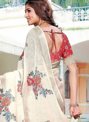beige printed pure cotton beige saree with blouse 5