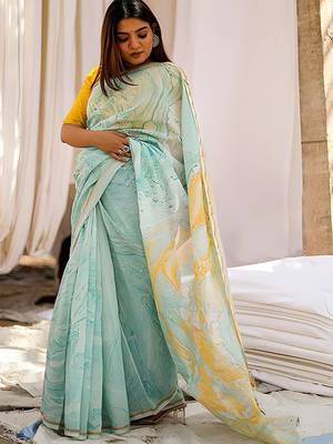 sky_blue printed pure cotton sky blue saree with blouse 1