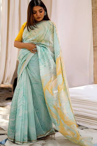 sky_blue printed pure cotton sky blue saree with blouse