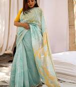 sky_blue printed pure cotton sky blue saree with blouse