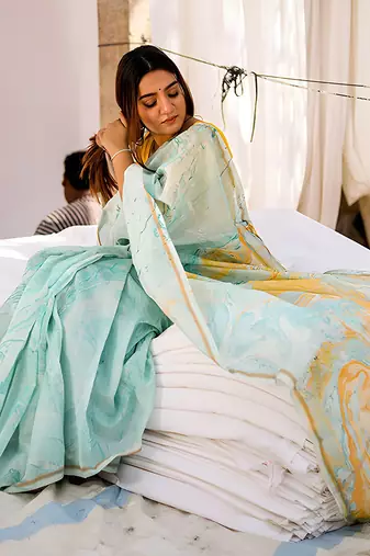 sky_blue printed pure cotton sky blue saree with blouse