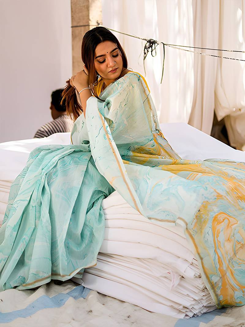 sky_blue printed pure cotton sky blue saree with blouse