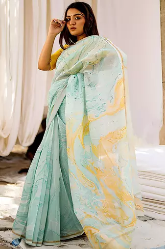 sky_blue printed pure cotton sky blue saree with blouse
