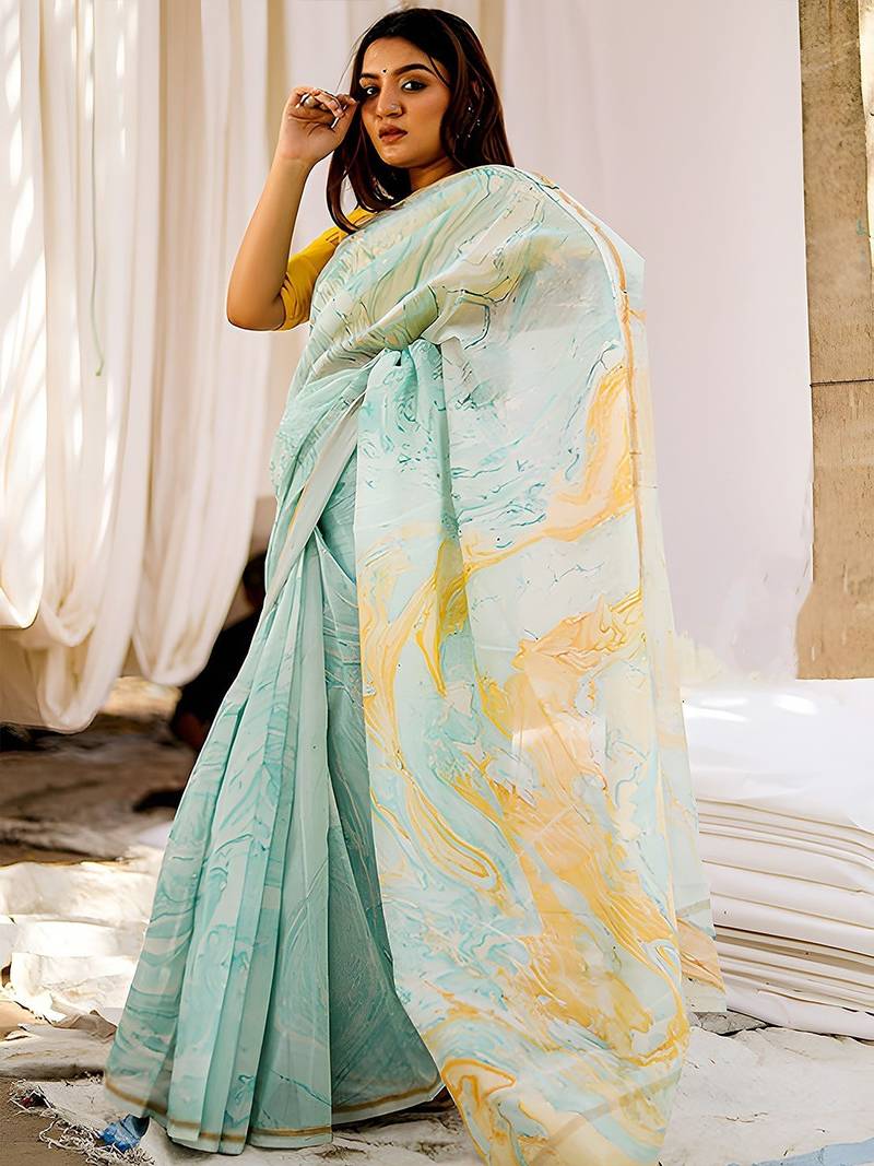 sky_blue printed pure cotton sky blue saree with blouse